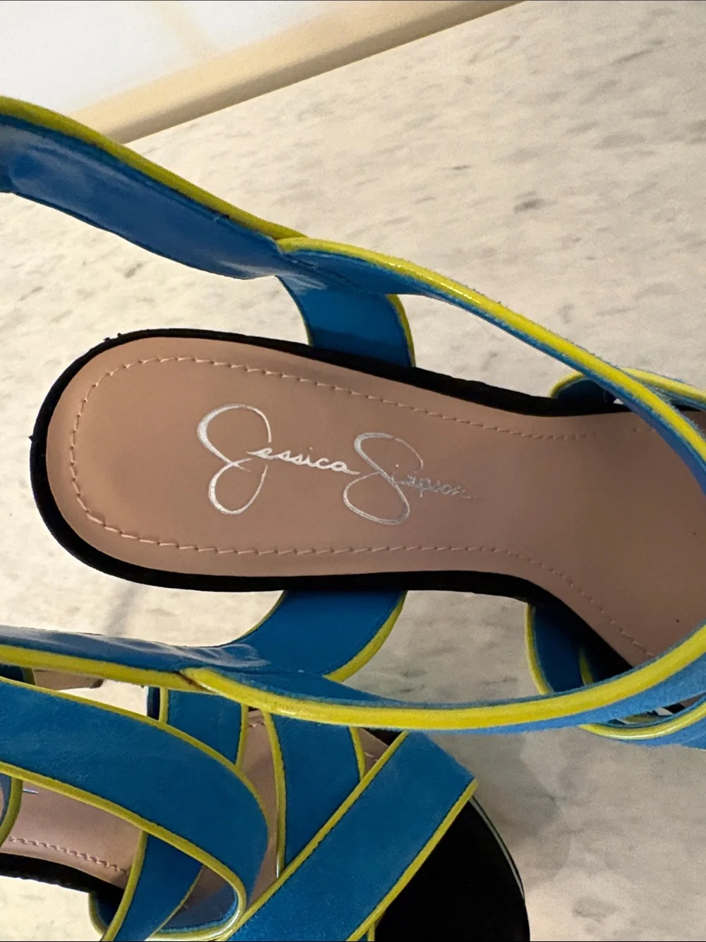 Jessica Simpson Turquoise & Green Strappy Suede Platform Heels Yellow Trim 8/38 - Picture 3 of 15